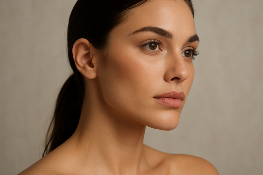 Female profile after natural jawline contouring without implants