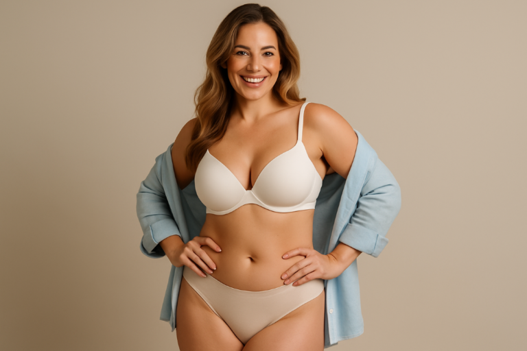 Happy mother admiring natural mommy makeover results in a mirror.