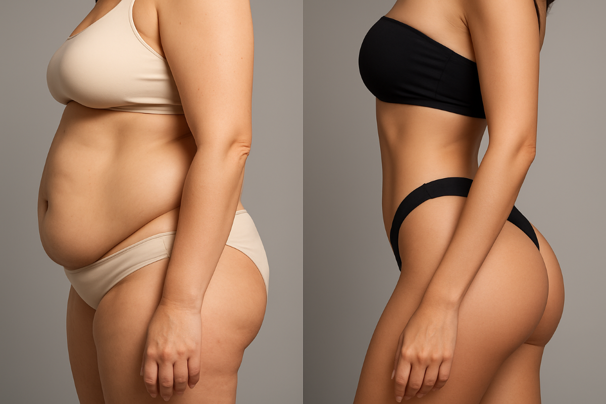 Before and after images showing realistic mommy makeover transformations.