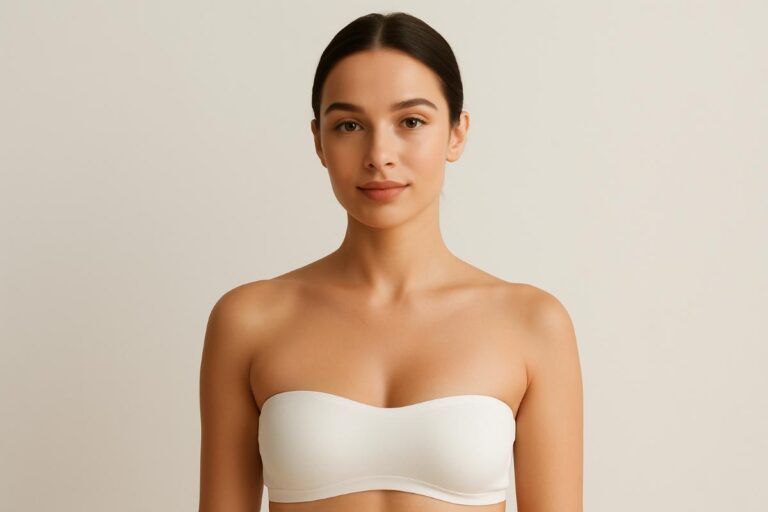 Post-pregnancy woman with flat abdomen and lifted breasts after mommy makeover surgery.