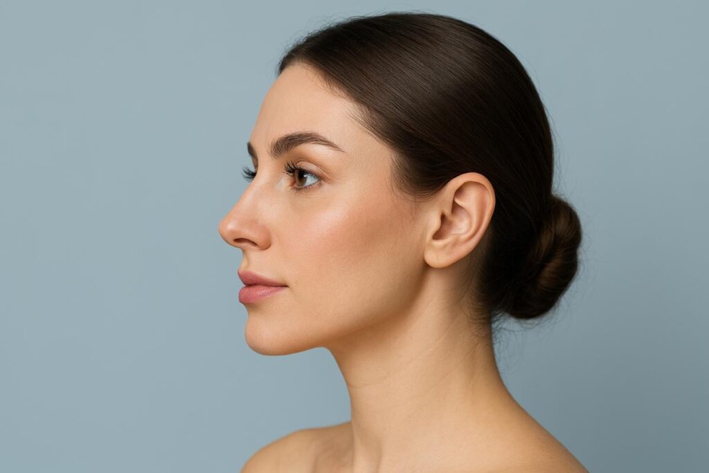 Close-up of a patient's refined nose after 2025 rhinoplasty procedure.